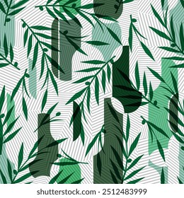 Design with cute shapes and plants. Seamless pattern. Vector background. 
