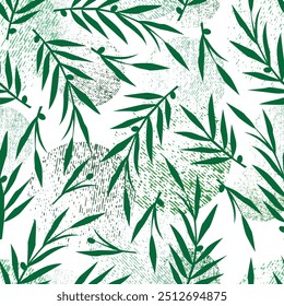 Design with cute shapes and plants. Seamless pattern. Vector background. 