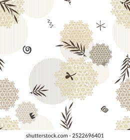 Design with cute shapes and plants. Seamless pattern. Vector background. 