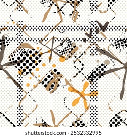 Design with cute shapes and plants. Seamless pattern. Vector background. 