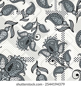 Design with cute shapes and plants. Seamless pattern. Vector background. 