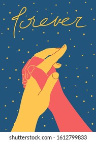 Design cute vintage poster template with intertwined fingers couple hands lovers and lettering forever on space stars dots background