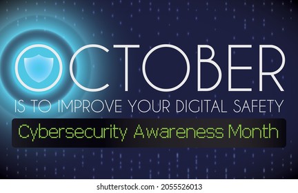 Design For Cybersecurity Awareness Month Promoting To Improve Your Digital Safety, With Glowing Shield Like Letter 'O' For The Word October And Code Rain Background.