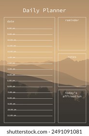 Design of a daily planner with a mountain landscape in calm brown tones. Contains sections for scheduling, reminders and notes