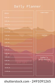 Design of a daily planner with a mountain landscape in orange tones. Contains sections for scheduling, reminders and notes