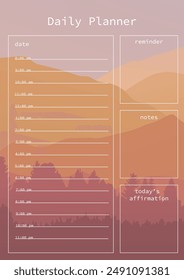 Design of a daily planner with a mountain landscape and a spruce forest in orange tones. Contains sections for scheduling, reminders and notes