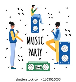 Design of a dance party poster. Performers of the battle show. Vector illustration in the flat design style.Suitable for invitations, t-shirt design,banner.guy with a pipe and girls with microphone