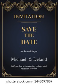 the design of the dark blue background template and the golden frame makes this wedding invitation more elegant