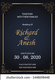 the design of the dark blue background template and the golden frame makes this wedding invitation more elegant