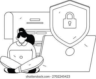 Projeto proteção de dados segurança privacidade mulher laptop escudo seguro tecnologia da informação conceito de segurança projeto verctor arte ilustração png
