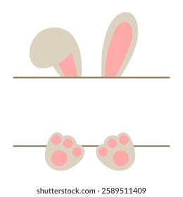 Design decor frame with rabbit, graphic elements bunny ears and paws. For decoration, Frame for text , kids frame, Easter design. Background