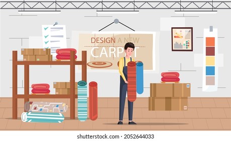 Diseño, decoración, elección, compras, concepto de trabajo. Un joven decorador escoge alfombra en una tienda textil. Material de selección o moqueta, diseño interior, comprador en tienda de pisos