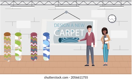 Design, decoration, choice, shopping, work concept. Young man designer decorator character chooses carpet in textile shop. Selection material or carpeting, interior design, buyer in flooring store
