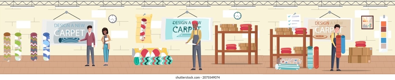 Design, decoration, choice, shopping, work concept. Young man designer decorator choose carpet in textile shop or in stock. Selection material or carpeting, interior design, buyer in flooring store