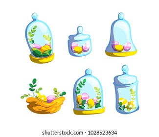 Design decoration elements collection set with glass jar, Easter eggs and grass in bright color isolated on white background.
