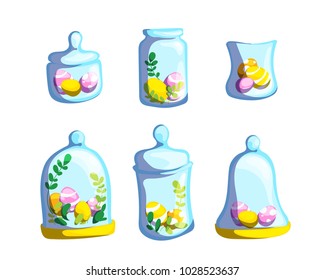 Design decoration elements collection set with glass jar, Easter eggs and grass in bright color isolated on white background.
