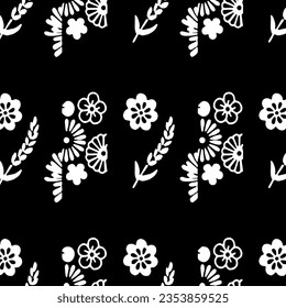 Design of a decorative seamless floral pattern on a black background.