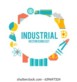Design decorative set with industry objects poster around the inscription industrial vector icons set vector illustration