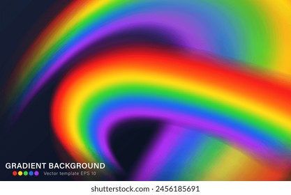 Design of de-focused wavy spectrum wallpaper for website pages. Horizontal fluid dark background with gradient vivid rainbow dynamic curves. Layout of widescreen abstract banner. Pride month