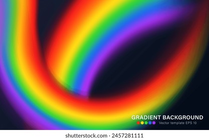 Design of de-focused wavy spectrum wallpaper for website pages. Horizontal fluid dark background with gradient vivid rainbow dynamic curves. Layout of widescreen abstract banner. Pride month