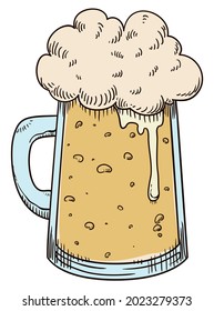 Design of a delicious, bubbly and frothy beer served in a  glass tankard in hand drawn and watercolor style.