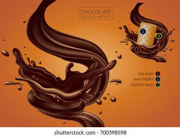 Design of delicious chocolate splash advertising. Multilayer effect, the ability to insert your object.