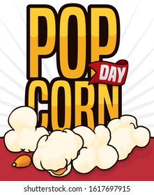 Design with delicious corn popped and kernel in a table and golden greeting message and ribbon to celebrate Popcorn Day.