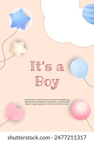 Design a delightful baby boy announcement card featuring round and star-shaped balloons, set against a charming backdrop, perfect for celebrating the arrival of your little one.