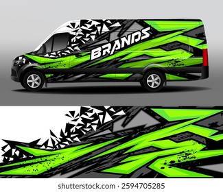 Design of delivery van. Cargo van decal, truck and car wrap vector. Car design development for the company. Black with green background for car vinyl sticker.