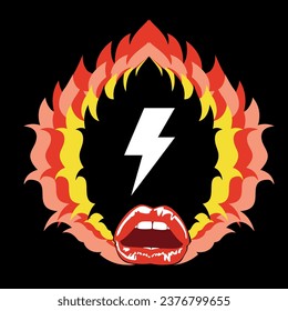 Diseño de una camiseta demoníaca con el símbolo de perno y labios rojos sensuales. Afiche de Glam rock.