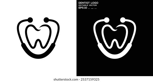 Desenho do logótipo do dentista. Dentes, médico, estetoscópio. Modelo, ícone, símbolo, vetor EPS 10