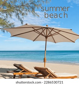 Design depicting an island beach with two deck chairs under a parasol and the text "summer beach". Perfect for summer and holiday projects