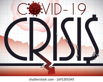 Design depicting the upcoming financial crisis due COVID-19 outbreak with eroded text, down arrow and coronavirus representation over squared background.