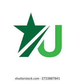the design depicts a flat logo of a letter U in combination with a star shape and a single line in green color combination that looks modern on a white background 	