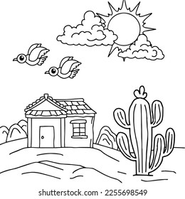 design desert cactus landscape coloring page for kid