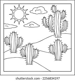 design desert cactus landscape coloring page for kid