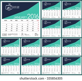 Design Desk Calendar 2016. Vector Templates all months.