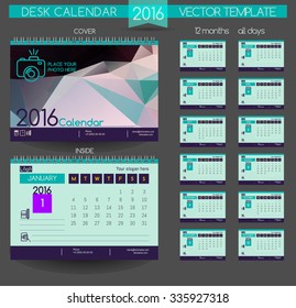 Design Desk Calendar 2016. Vector Templates all months & place for text.
