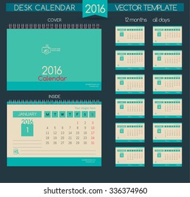 Design Desk Calendar 2016. Vector Templates all months & place for text.