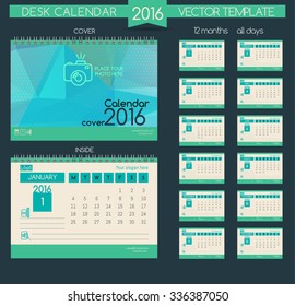 Design Desk Calendar 2016. Vector Templates all months & place for text.