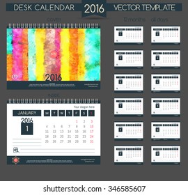 Design Desk Calendar 2016. Vector Templates all months. Coloured texture and stylish graphics, a handy calendar grid. Designed for creative companies.