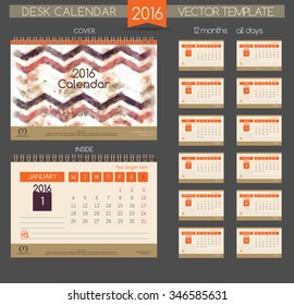 Design Desk Calendar 2016. Vector Templates all months. Coloured texture and stylish graphics, a handy calendar grid. Designed for creative companies.