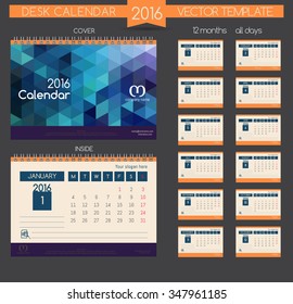 Design Desk Calendar 2016. Vector Templates all months & place for text.
