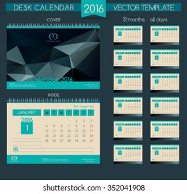 Design Desk Calendar 2016. Vector Templates all months. Polygonal shape, laconic strict design.