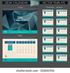 Design Desk Calendar 2016. Vector Templates all months. Polygonal shape, laconic strict design.