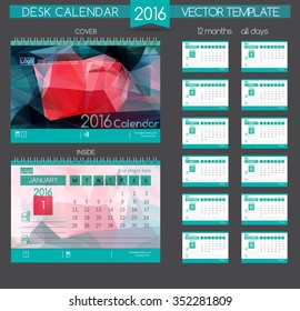 Design Desk Calendar 2016. Vector Templates all months. Polygonal shape, laconic strict design.