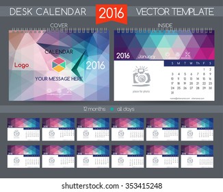 Design Desk Calendar 2016. Vector Templates all months. Polygonal shape, laconic strict design. Concept for technology companies, construction & engineering firms.