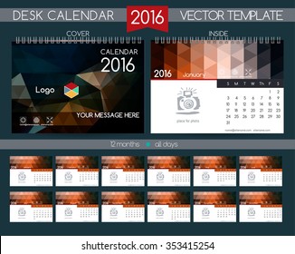 Design Desk Calendar 2016. Vector Templates all months. Polygonal shape, laconic strict design. Concept for technology companies, construction & engineering firms.