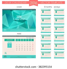 Design Desk Calendar 2016. Vector Templates all months. Polygonal shape, laconic strict design.