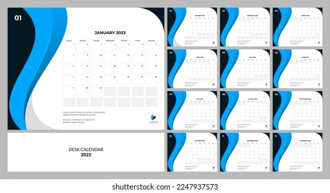 design of desk calendar template 2023 with wave shape and blue color - Powered by Shutterstock - Get 15% off with code: PIKWIZARD15